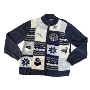 Nordic Fair Isle Zip Up Sweater Blue Winter Patchwork Knit Snowflake Cardigan L